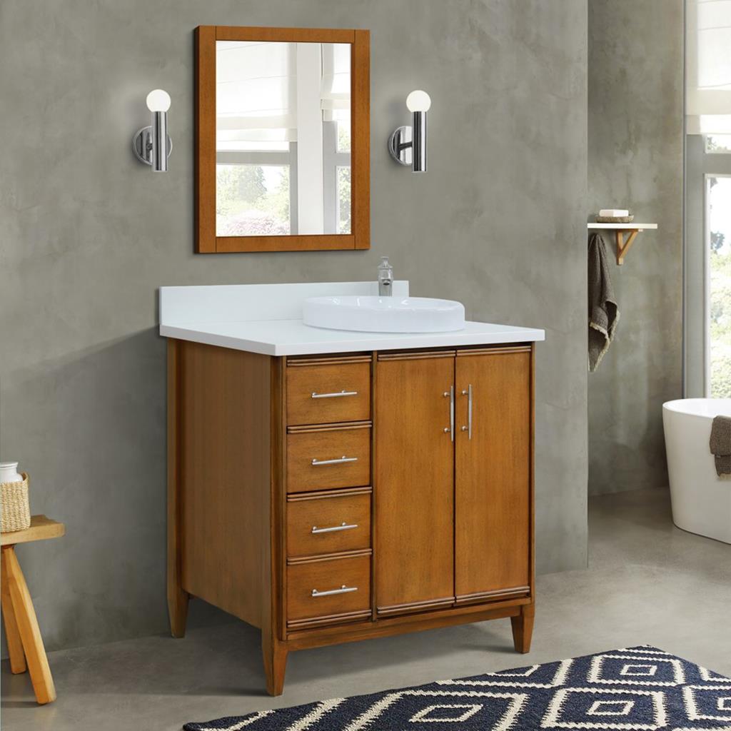 Bellaterra Home, MCM 37" Walnut Vanity, Door on Right, Round Sink on Right, White Quartz#top-options_white-quartz-top