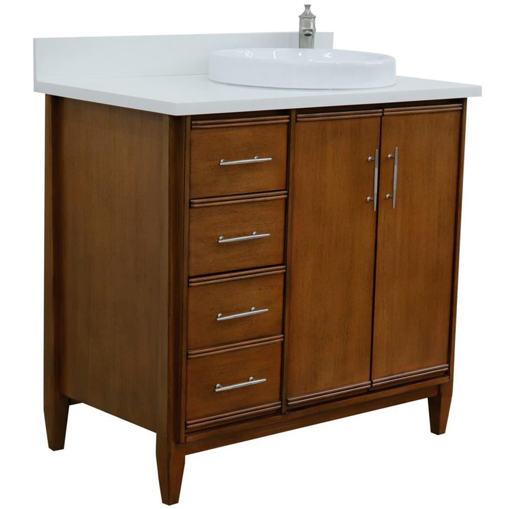 Bellaterra Home, MCM 37" Walnut Vanity, Door on Right, Round Sink on Right, White Quartz#top-options_white-quartz-top