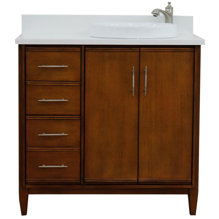 Bellaterra Home, MCM 37" Walnut Vanity, Door on Right, Round Sink on Right, White Quartz#top-options_white-quartz-top