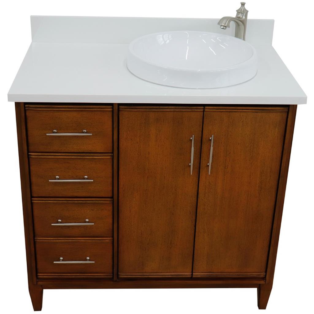Bellaterra Home, MCM 37" Walnut Vanity, Door on Right, Round Sink on Right, White Quartz#top-options_white-quartz-top