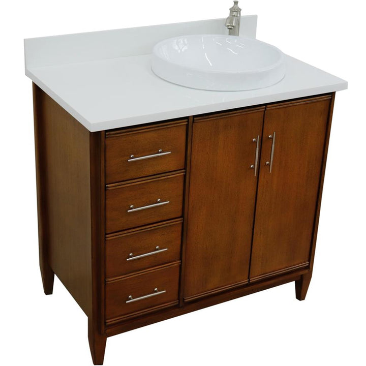 Bellaterra Home, MCM 37" Walnut Vanity, Door on Right, Round Sink on Right, White Quartz#top-options_white-quartz-top