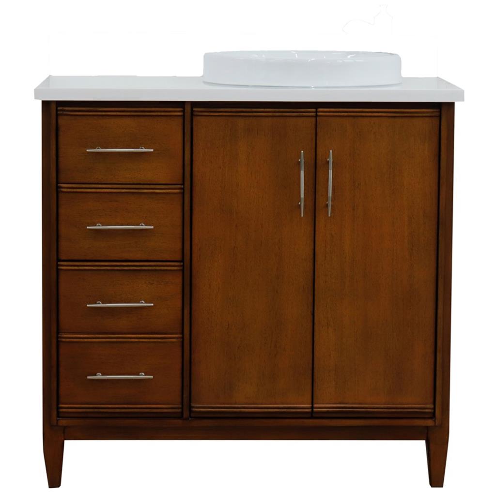 Bellaterra Home, MCM 37" Walnut Vanity, Door on Right, Round Sink on Right, White Quartz#top-options_white-quartz-top