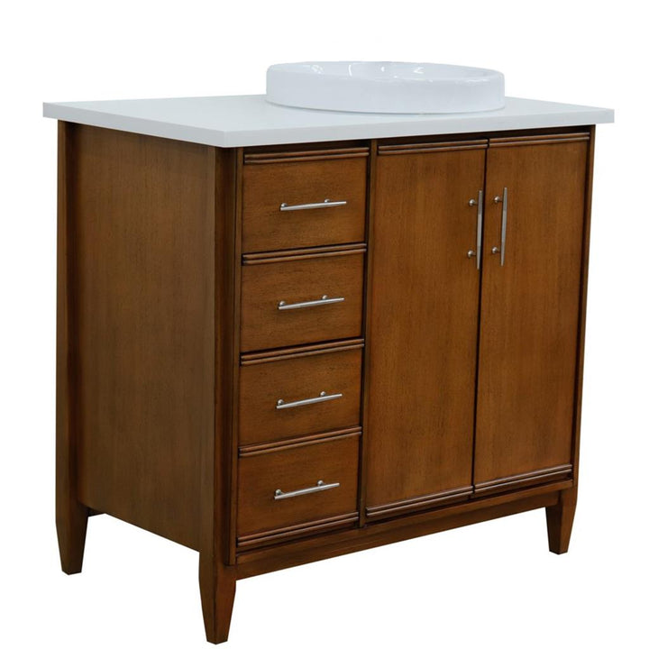 Bellaterra Home, MCM 37" Walnut Vanity, Door on Right, Round Sink on Right, White Quartz#top-options_white-quartz-top
