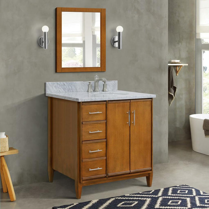 Bellaterra Home, MCM 37" Walnut Vanity, Door on Right, Oval Sink on Right, White Carrara Marble#top-options_white-carrara-marble-top
