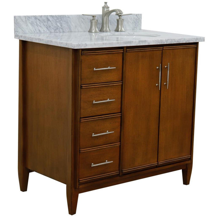 Bellaterra Home, MCM 37" Walnut Vanity, Door on Right, Oval Sink on Right, White Carrara Marble#top-options_white-carrara-marble-top