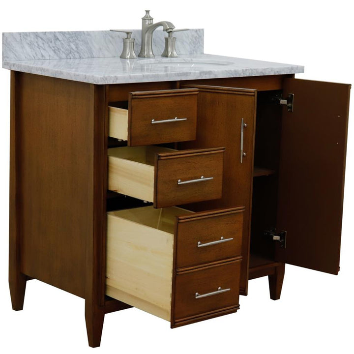 Bellaterra Home, MCM 37" Walnut Vanity, Door on Right, Oval Sink on Right, White Carrara Marble#top-options_white-carrara-marble-top