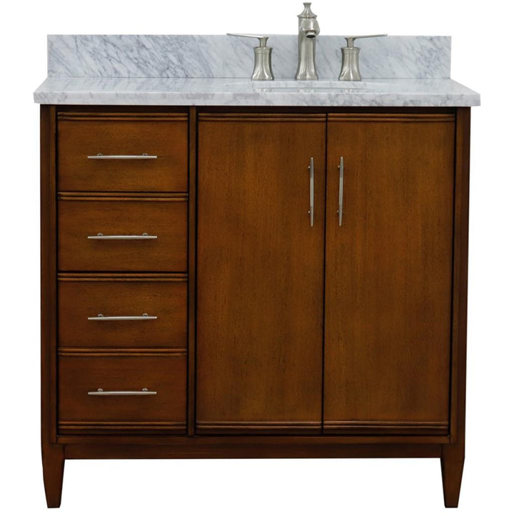 Bellaterra Home, MCM 37" Walnut Vanity, Door on Right, Oval Sink on Right, White Carrara Marble#top-options_white-carrara-marble-top