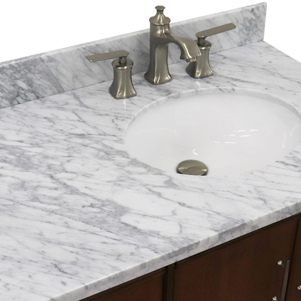 Bellaterra Home, MCM 37" Walnut Vanity, Door on Right, Oval Sink on Right, White Carrara Marble#top-options_white-carrara-marble-top