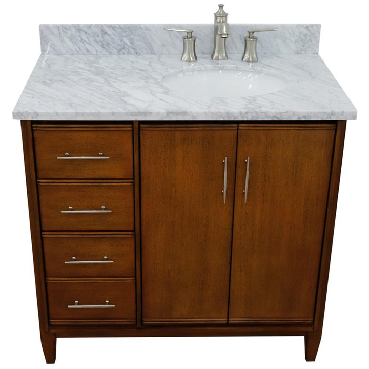 Bellaterra Home, MCM 37" Walnut Vanity, Door on Right, Oval Sink on Right, White Carrara Marble#top-options_white-carrara-marble-top
