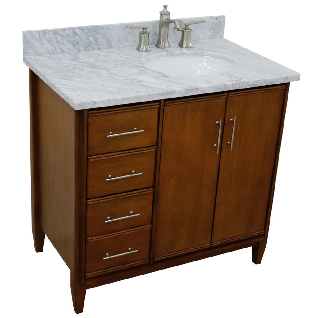 Bellaterra Home, MCM 37" Walnut Vanity, Door on Right, Oval Sink on Right, White Carrara Marble#top-options_white-carrara-marble-top