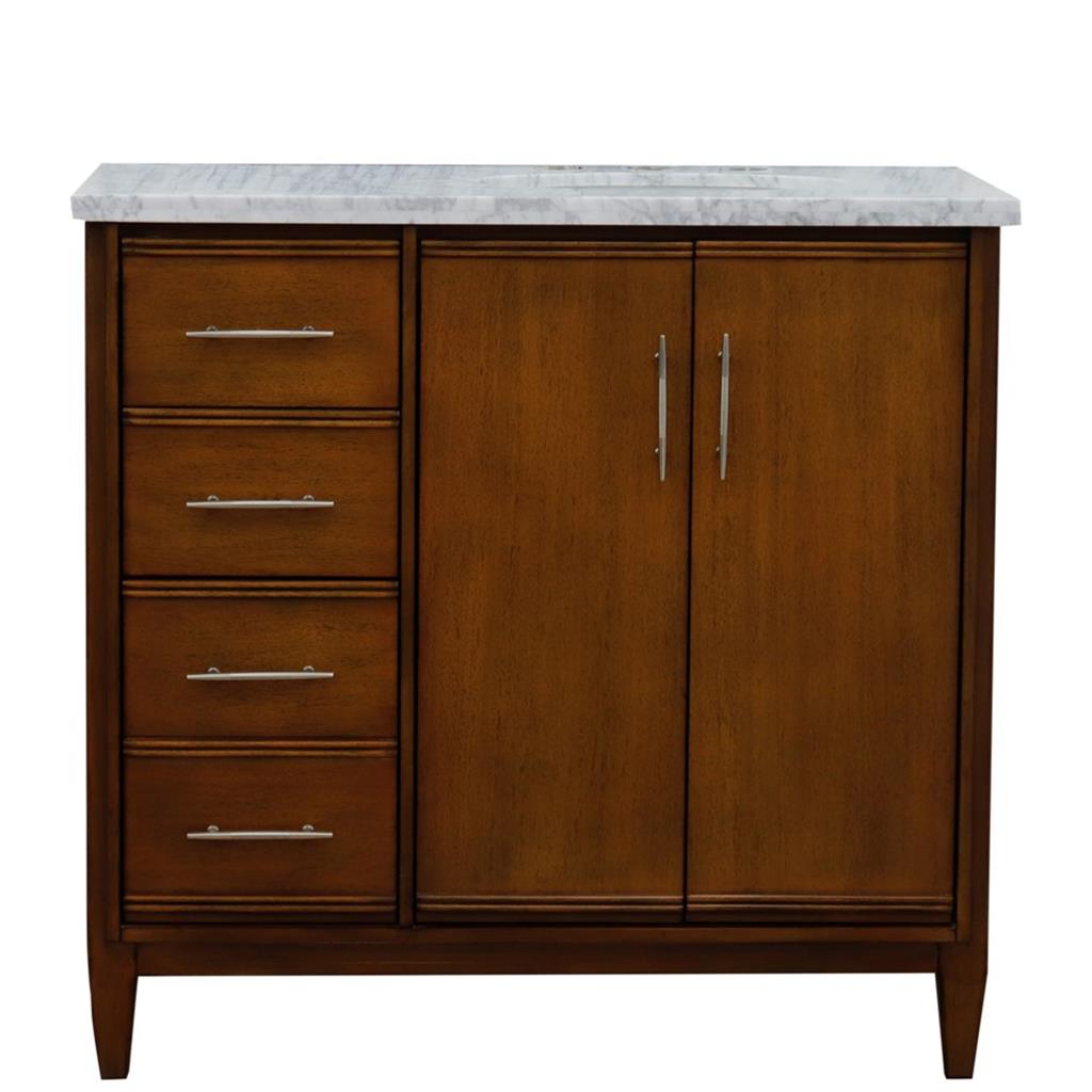 Bellaterra Home, MCM 37" Walnut Vanity, Door on Right, Oval Sink on Right, White Carrara Marble#top-options_white-carrara-marble-top