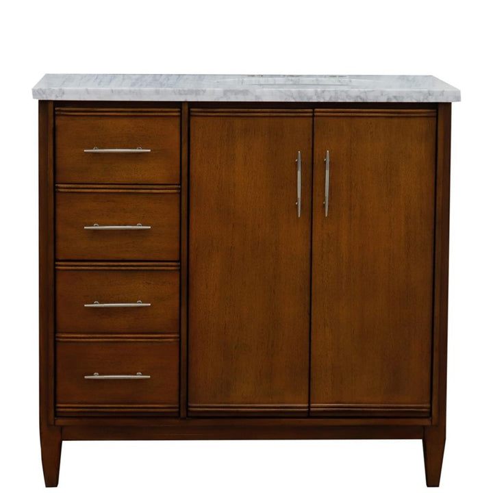 Bellaterra Home, MCM 37" Walnut Vanity, Door on Right, Oval Sink on Right, White Carrara Marble#top-options_white-carrara-marble-top