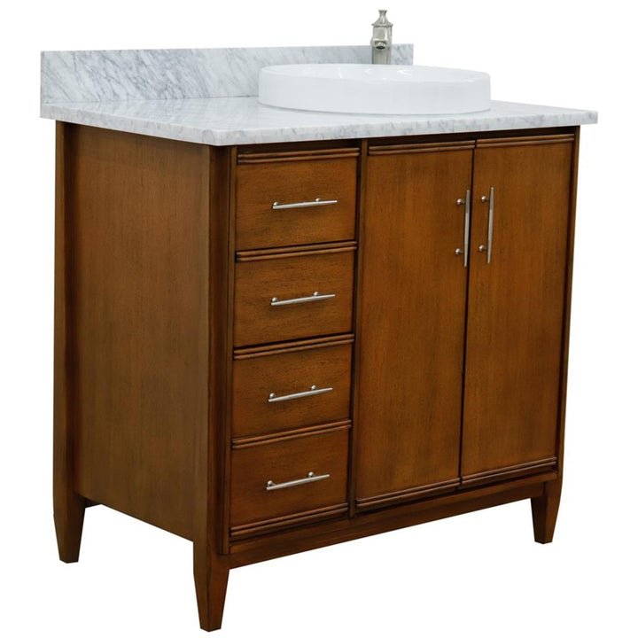 Bellaterra Home, MCM 37" Walnut Vanity, Door on Right, Round Sink on Right, White Carrara Marble#top-options_white-carrara-marble-top