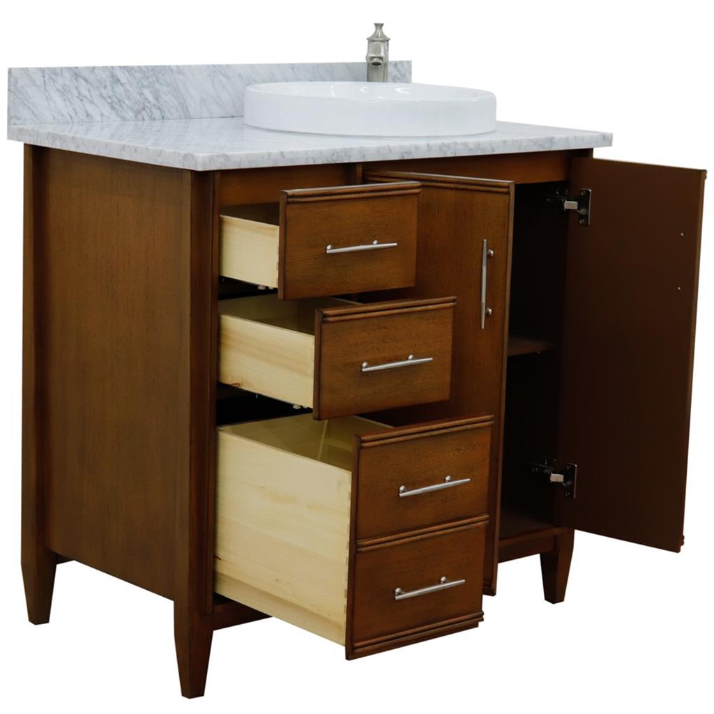 Bellaterra Home, MCM 37" Walnut Vanity, Door on Right, Round Sink on Right, White Carrara Marble#top-options_white-carrara-marble-top