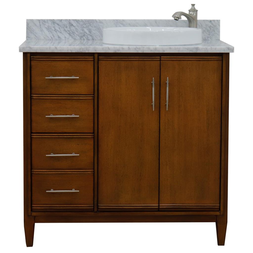 Bellaterra Home, MCM 37" Walnut Vanity, Door on Right, Round Sink on Right, White Carrara Marble#top-options_white-carrara-marble-top