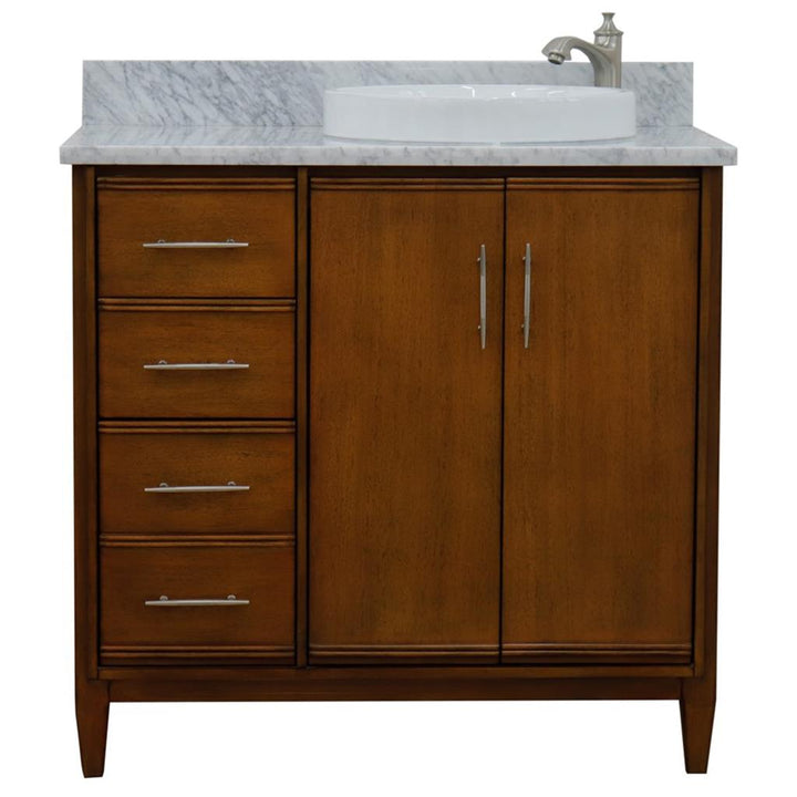 Bellaterra Home, MCM 37" Walnut Vanity, Door on Right, Round Sink on Right, White Carrara Marble#top-options_white-carrara-marble-top