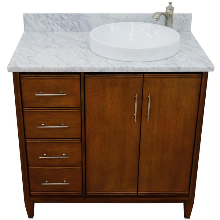 Bellaterra Home, MCM 37" Walnut Vanity, Door on Right, Round Sink on Right, White Carrara Marble#top-options_white-carrara-marble-top