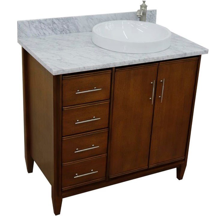 Bellaterra Home, MCM 37" Walnut Vanity, Door on Right, Round Sink on Right, White Carrara Marble#top-options_white-carrara-marble-top