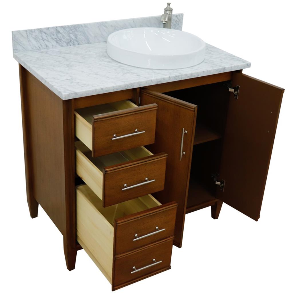 Bellaterra Home, MCM 37" Walnut Vanity, Door on Right, Round Sink on Right, White Carrara Marble#top-options_white-carrara-marble-top