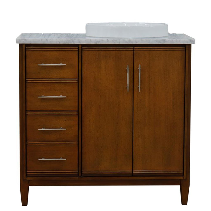 Bellaterra Home, MCM 37" Walnut Vanity, Door on Right, Round Sink on Right, White Carrara Marble#top-options_white-carrara-marble-top