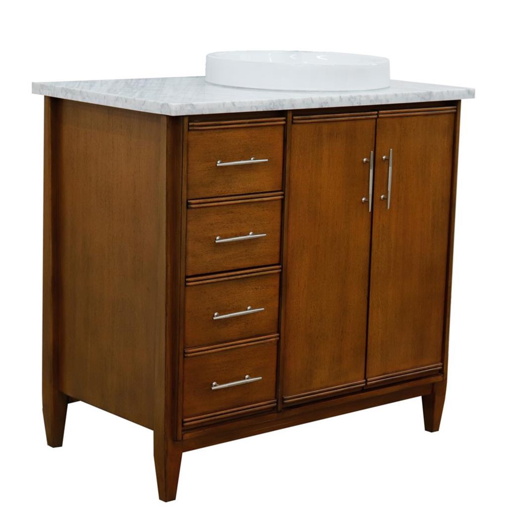 Bellaterra Home, MCM 37" Walnut Vanity, Door on Right, Round Sink on Right, White Carrara Marble#top-options_white-carrara-marble-top