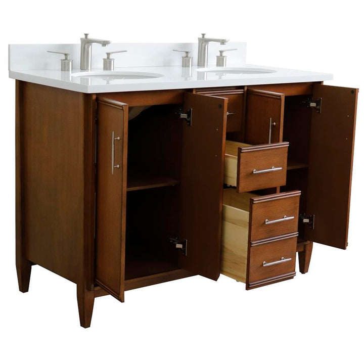 Bellaterra Home, MCM 49" Walnut Double Vanity, Oval Sink, White Quartz#top-options_white-quartz-top