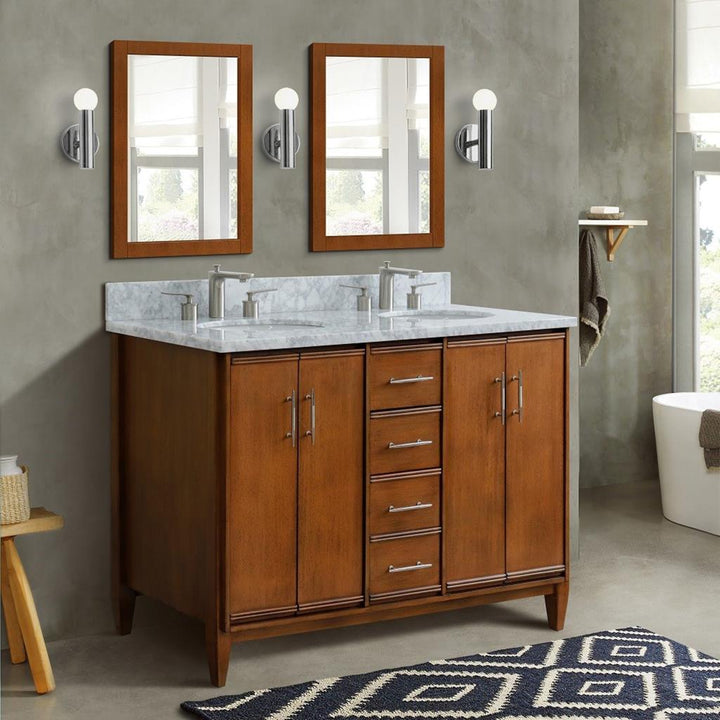 Bellaterra Home, MCM 49" Walnut Double Vanity, Oval Sink, White Carrara Marble#top-options_white-carrara-marble-top