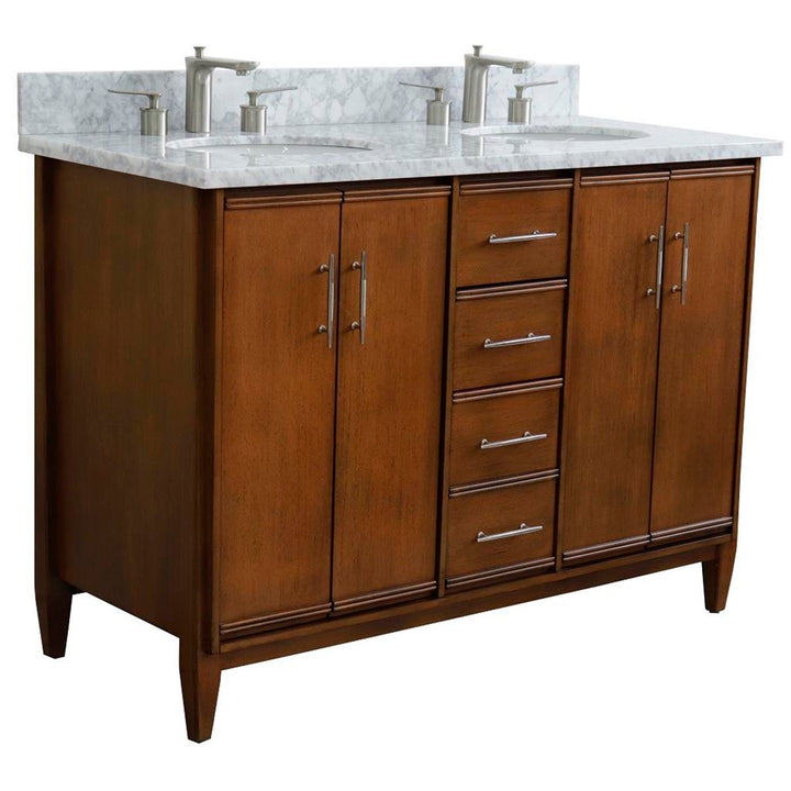 Bellaterra Home, MCM 49" Walnut Double Vanity, Oval Sink, White Carrara Marble#top-options_white-carrara-marble-top