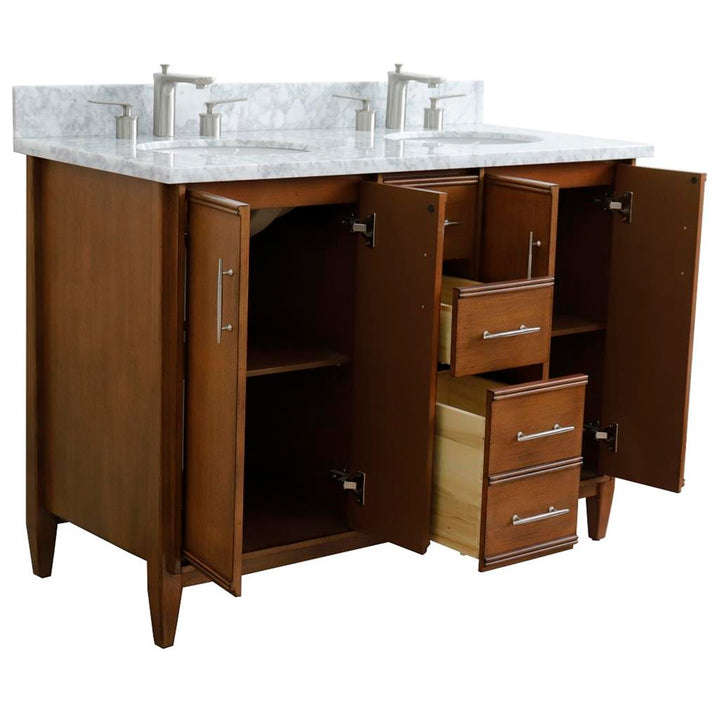 Bellaterra Home, MCM 49" Walnut Double Vanity, Oval Sink, White Carrara Marble#top-options_white-carrara-marble-top