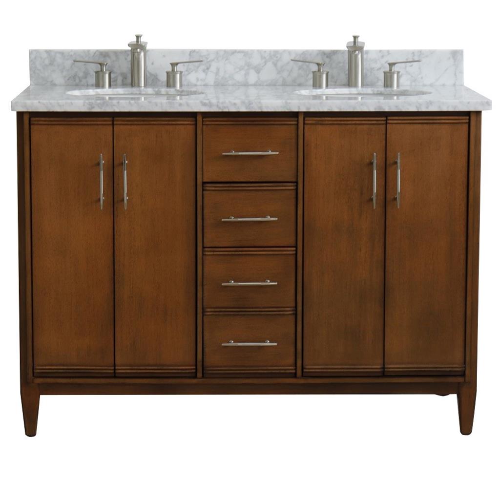 Bellaterra Home, MCM 49" Walnut Double Vanity, Oval Sink, White Carrara Marble#top-options_white-carrara-marble-top