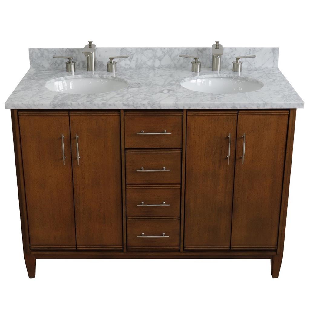 Bellaterra Home, MCM 49" Walnut Double Vanity, Oval Sink, White Carrara Marble#top-options_white-carrara-marble-top
