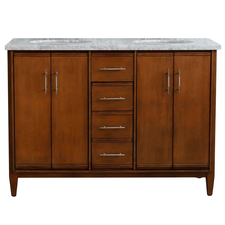 Bellaterra Home, MCM 49" Walnut Double Vanity, Oval Sink, White Carrara Marble#top-options_white-carrara-marble-top