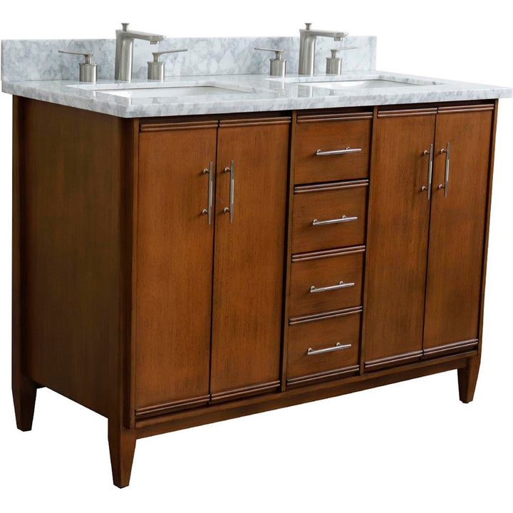 Bellaterra Home, MCM 49" Walnut Double Vanity, Rectangle Sink, White Carrara Marble#top-options_white-carrara-marble-top
