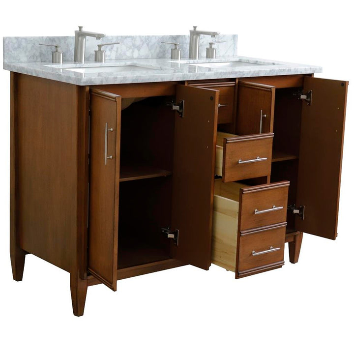 Bellaterra Home, MCM 49" Walnut Double Vanity, Rectangle Sink, White Carrara Marble#top-options_white-carrara-marble-top