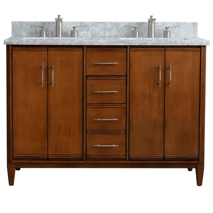 Bellaterra Home, MCM 49" Walnut Double Vanity, Rectangle Sink, White Carrara Marble#top-options_white-carrara-marble-top