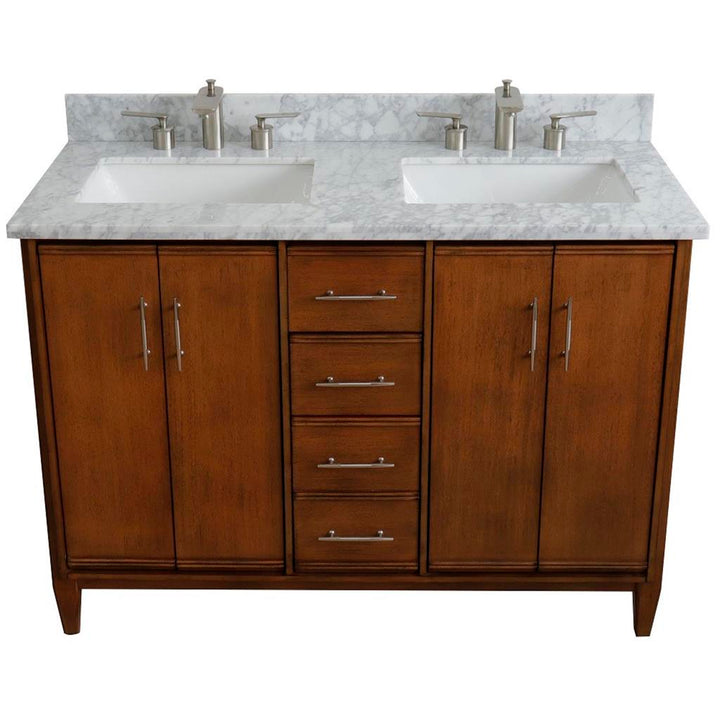 Bellaterra Home, MCM 49" Walnut Double Vanity, Rectangle Sink, White Carrara Marble#top-options_white-carrara-marble-top