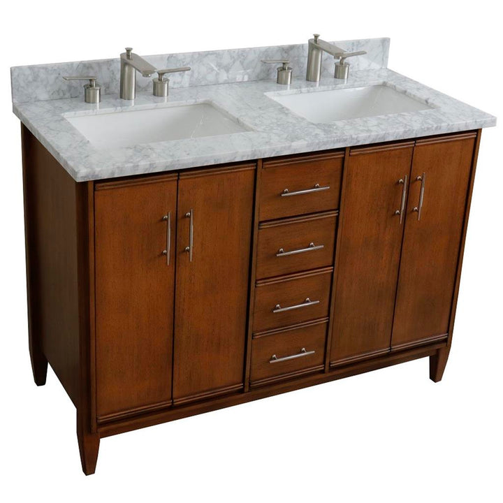 Bellaterra Home, MCM 49" Walnut Double Vanity, Rectangle Sink, White Carrara Marble#top-options_white-carrara-marble-top