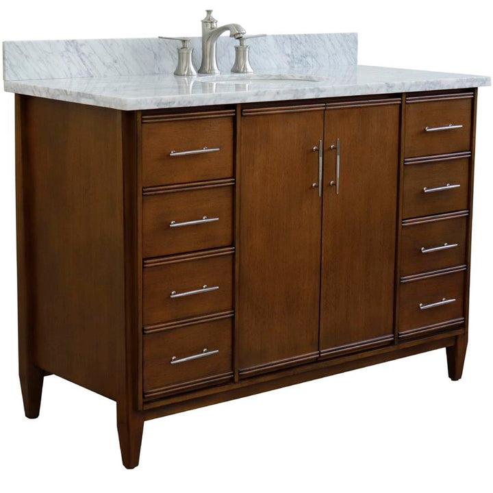 Bellaterra Home, MCM 49" Walnut Single Vanity, Oval Sink, White Carrara Marble#top-options_white-carrara-marble-top