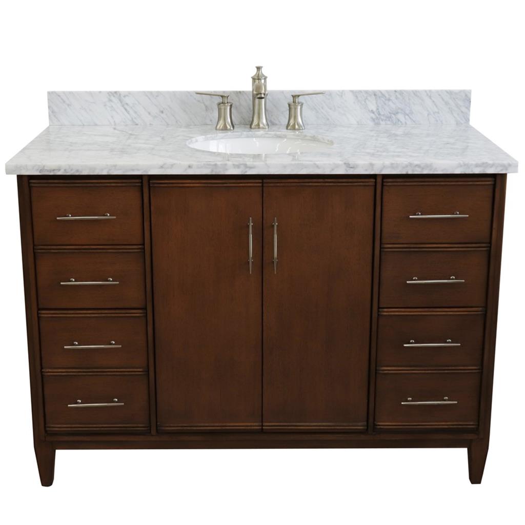 Bellaterra Home, MCM 49" Walnut Single Vanity, Oval Sink, White Carrara Marble#top-options_white-carrara-marble-top
