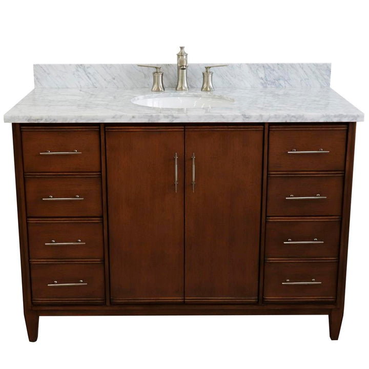 Bellaterra Home, MCM 49" Walnut Single Vanity, Oval Sink, White Carrara Marble#top-options_white-carrara-marble-top