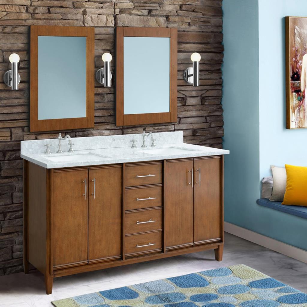 Bellaterra Home, MCM 55" Walnut Double Vanity, Rectangle Sink, White Carrara Marble#top-options_white-carrara-marble-top