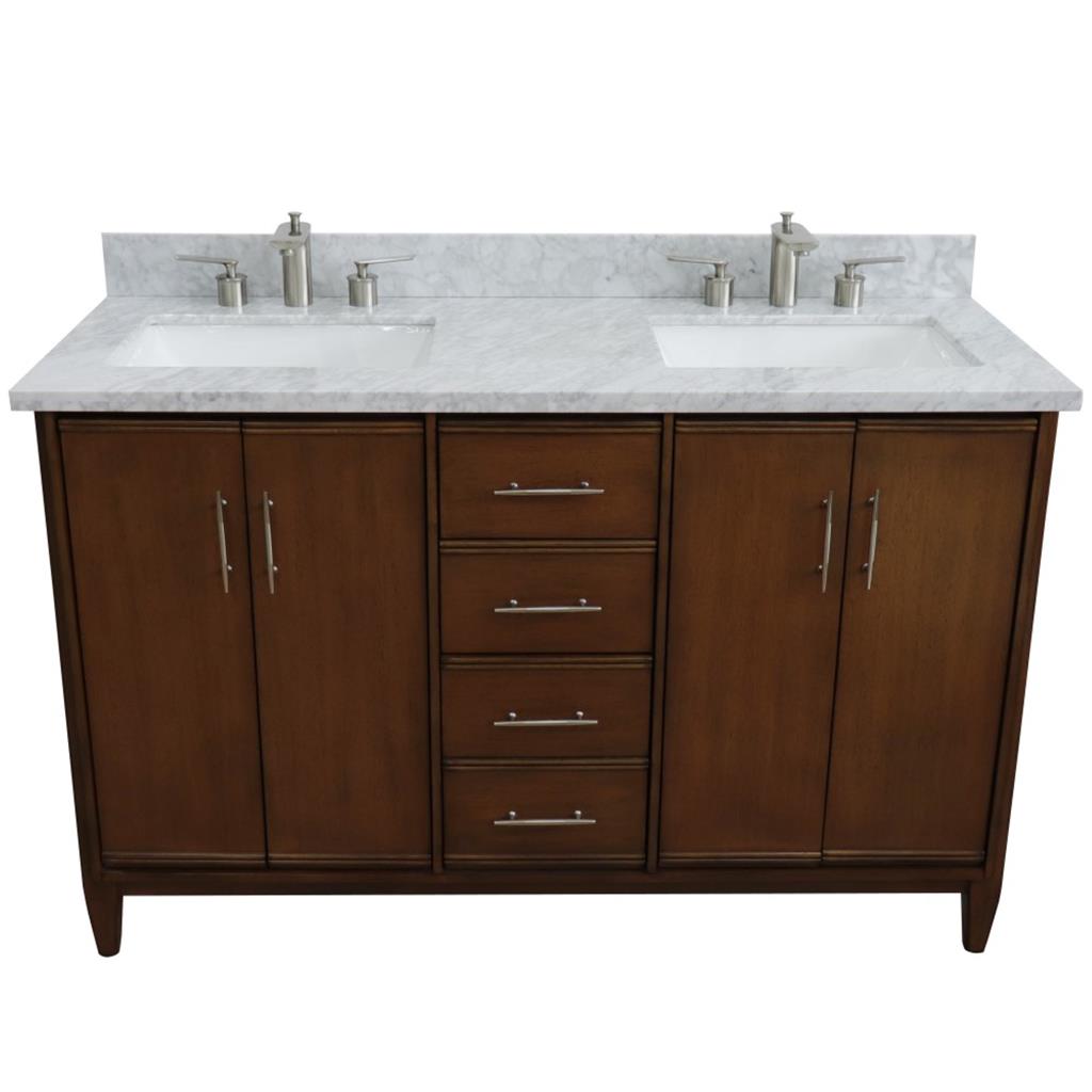 Bellaterra Home, MCM 55" Walnut Double Vanity, Rectangle Sink, White Carrara Marble#top-options_white-carrara-marble-top