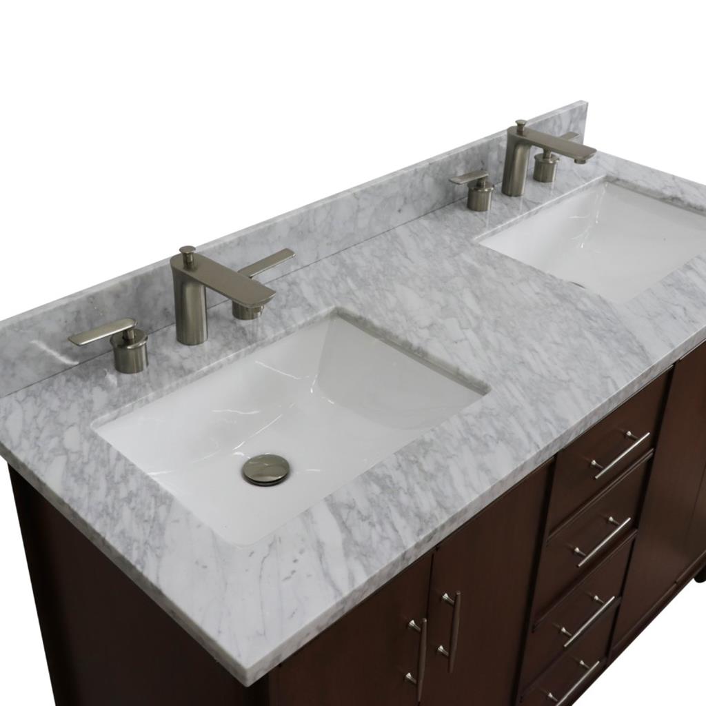 Bellaterra Home, MCM 55" Walnut Double Vanity, Rectangle Sink, White Carrara Marble#top-options_white-carrara-marble-top