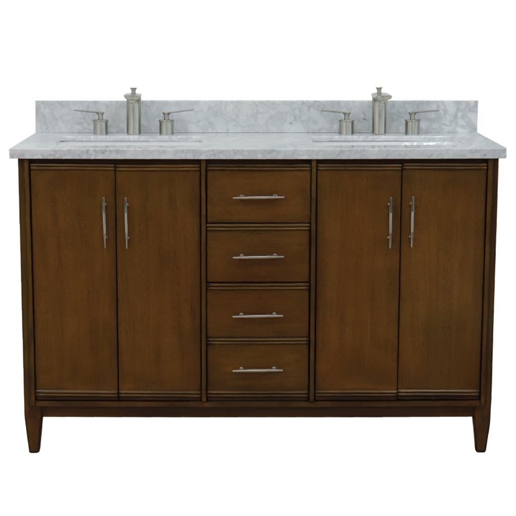Bellaterra Home, MCM 55" Walnut Double Vanity, Rectangle Sink, White Carrara Marble#top-options_white-carrara-marble-top