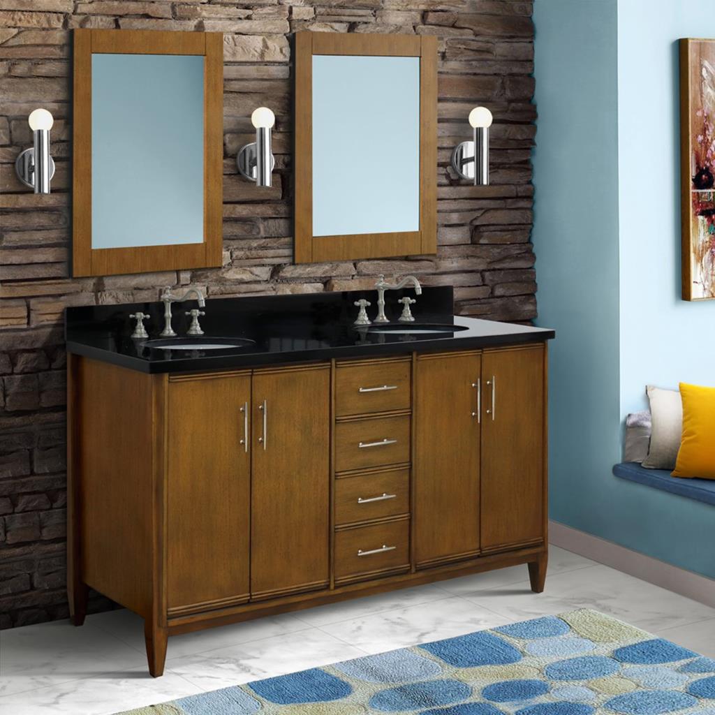 Bellaterra Home, MCM 61" Walnut Double Vanity, Oval Sink, Black Galaxy Granite#top-options_black-galaxy-granite-top
