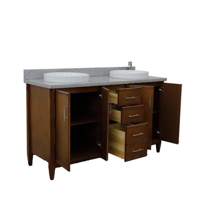 Bellaterra Home, MCM 61" Walnut Double Vanity, Round Sink, Gray Granite#top-options_gray-granite-top