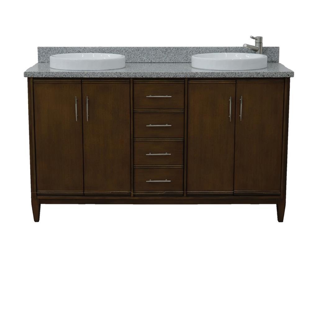 Bellaterra Home, MCM 61" Walnut Double Vanity, Round Sink, Gray Granite#top-options_gray-granite-top