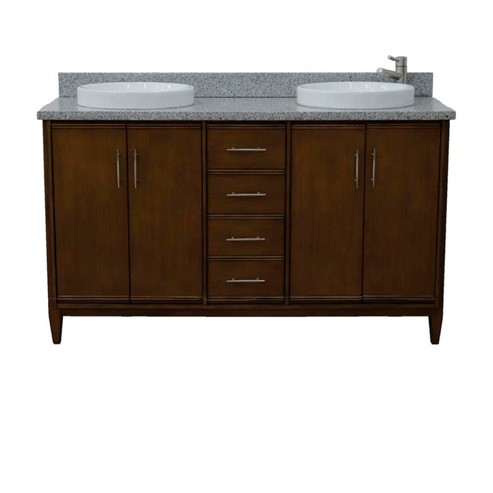 Bellaterra Home, MCM 61" Walnut Double Vanity, Round Sink, Gray Granite#top-options_gray-granite-top