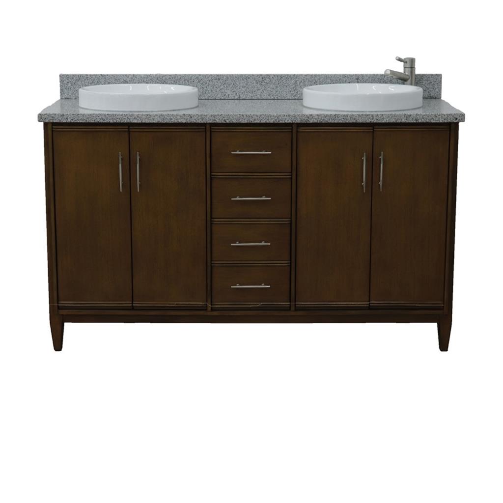 Bellaterra Home, MCM 61" Walnut Double Vanity, Round Sink, Gray Granite#top-options_gray-granite-top