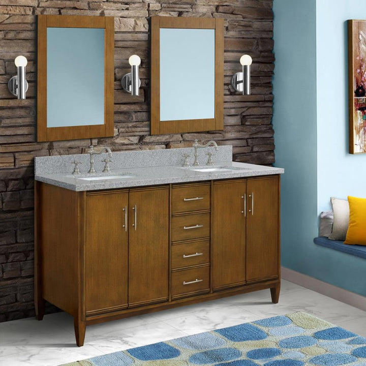 Bellaterra Home, MCM 61" Walnut Double Vanity, Rectangle Sink, Gray Granite#top-options_gray-granite-top